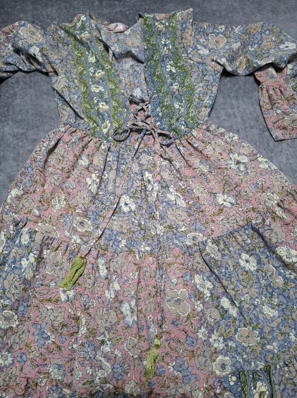 Boemo Lace-Up Tassel Maxi Dress Floral Multi Print S Cottagecore Paisant Layered - Picture 11 of 13